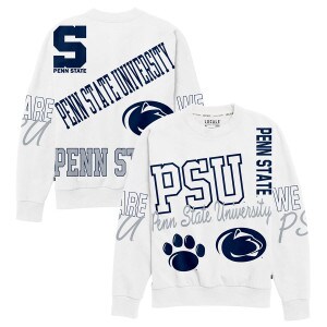 white crew neck sweatshirt with assorted Penn State University graphics all over